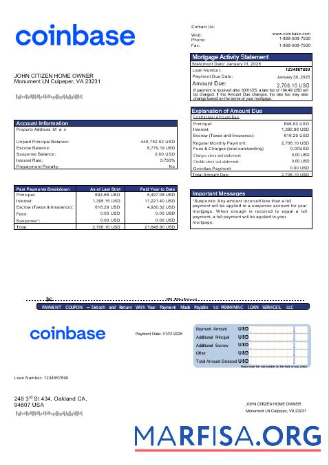 Blank USA Coinbase mortgage statement in Word and PDF formats sample